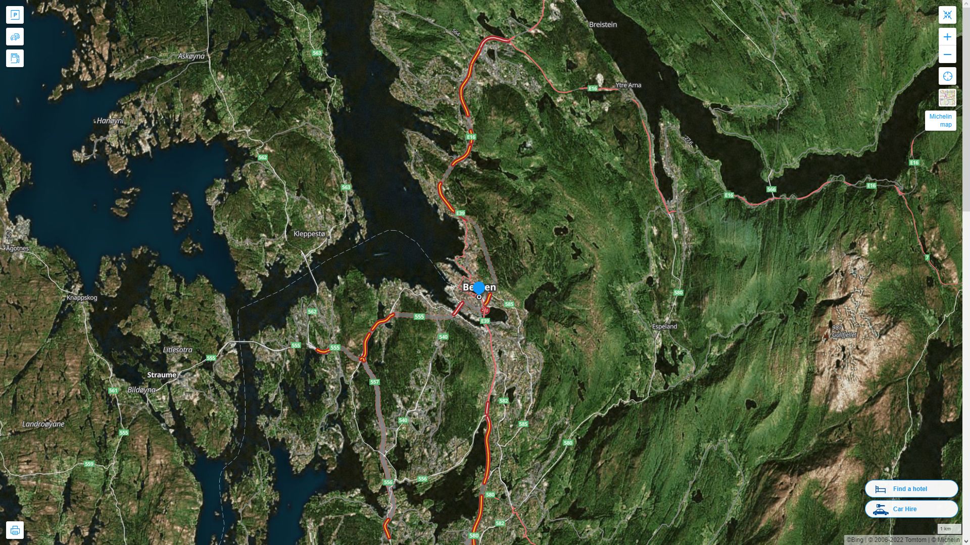 Bergen Norvege Autoroute et carte routiere avec vue satellite